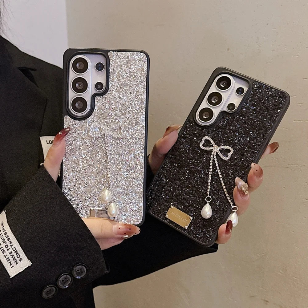 Diamond Bowknot Pearl Pendant Glitter Phone Case for Samsung Galaxy S26+ S23 S24 S25 S26 Ultra Plus TPU Bumper Shockproof Cover