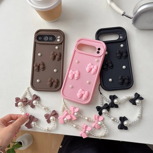 Bow Pearl Chain Rope Phone Case For Google Pixel 7 8 9 10 Pro XL 7A 8A 9A 9 Google Pixel 7 Pixel 8 8A Pixel 9 Pro XL Soft Cover