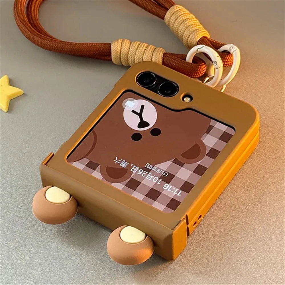 Ins Korean Cute Cartoon Bear Ears Phone Case For Samsung Galaxy Z Flip 6/5/4/3 For Motorola Razr 40 50 Ultra Japan Anime Cover