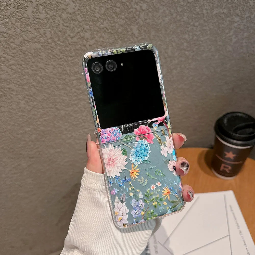 For Motorola Razr 40 50 60 Ultra Pro 60U Case Floral Transparent Folding with Bracelet Shockproof Hard PC Back Cover Accessories