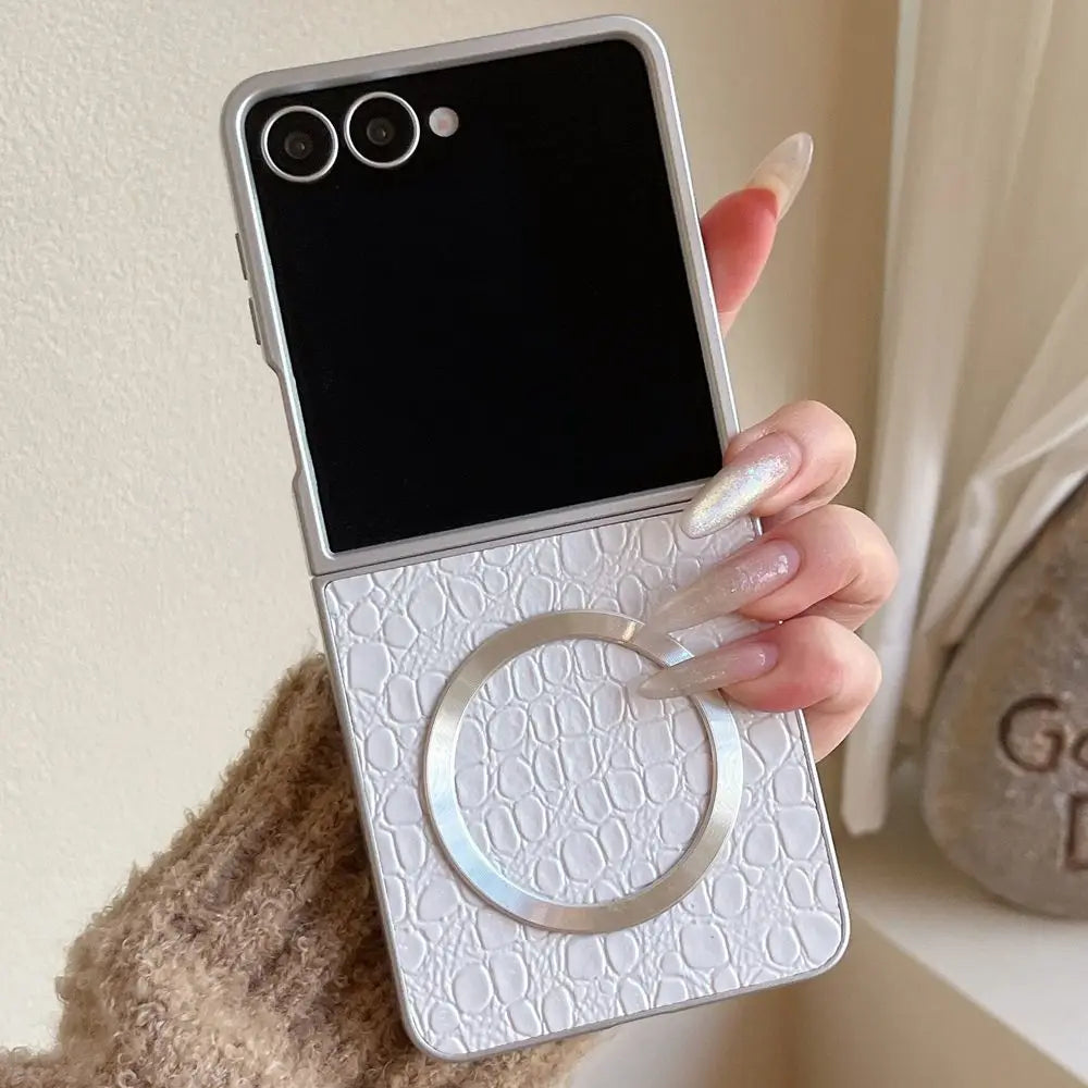 Plating Crocodile Texture For Magsafe Phone Case For Samsung Galaxy Z Flip7 Flip6 5 4 Flip7FE Wireless Charging Shockproof Cover