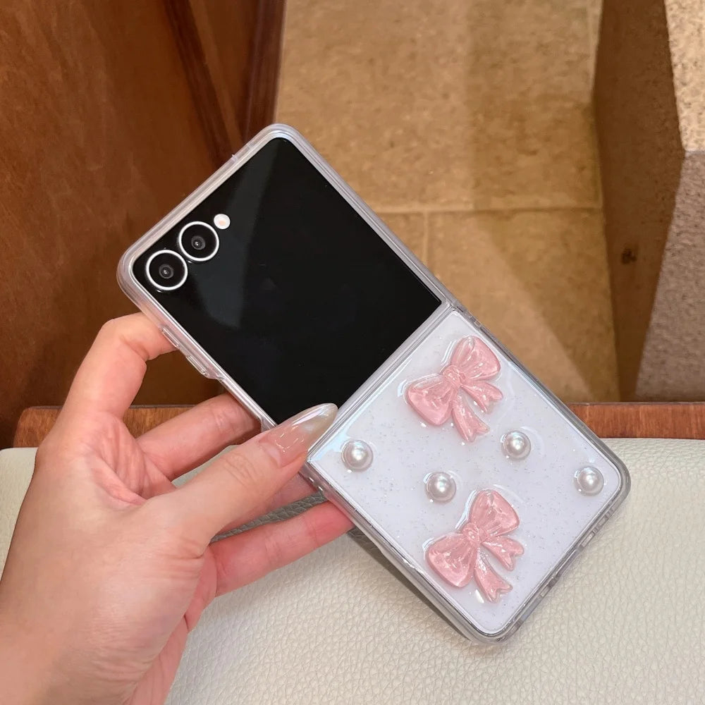 3D Pink Bow Glitter Transparent Phone Case for Samsung Galaxy Z Flip 8 7 6 5 7FE Pearl Clear Resin Cover for Samsung Z Flip 8