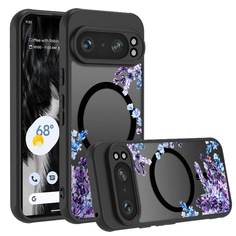 Matte Magnetic Case For Google Pixel 10 9 8 Pro 8A 9A Pixel 9 10 Pro XL For Magsafe Wireless Charging Purple Flowers Phone Cover