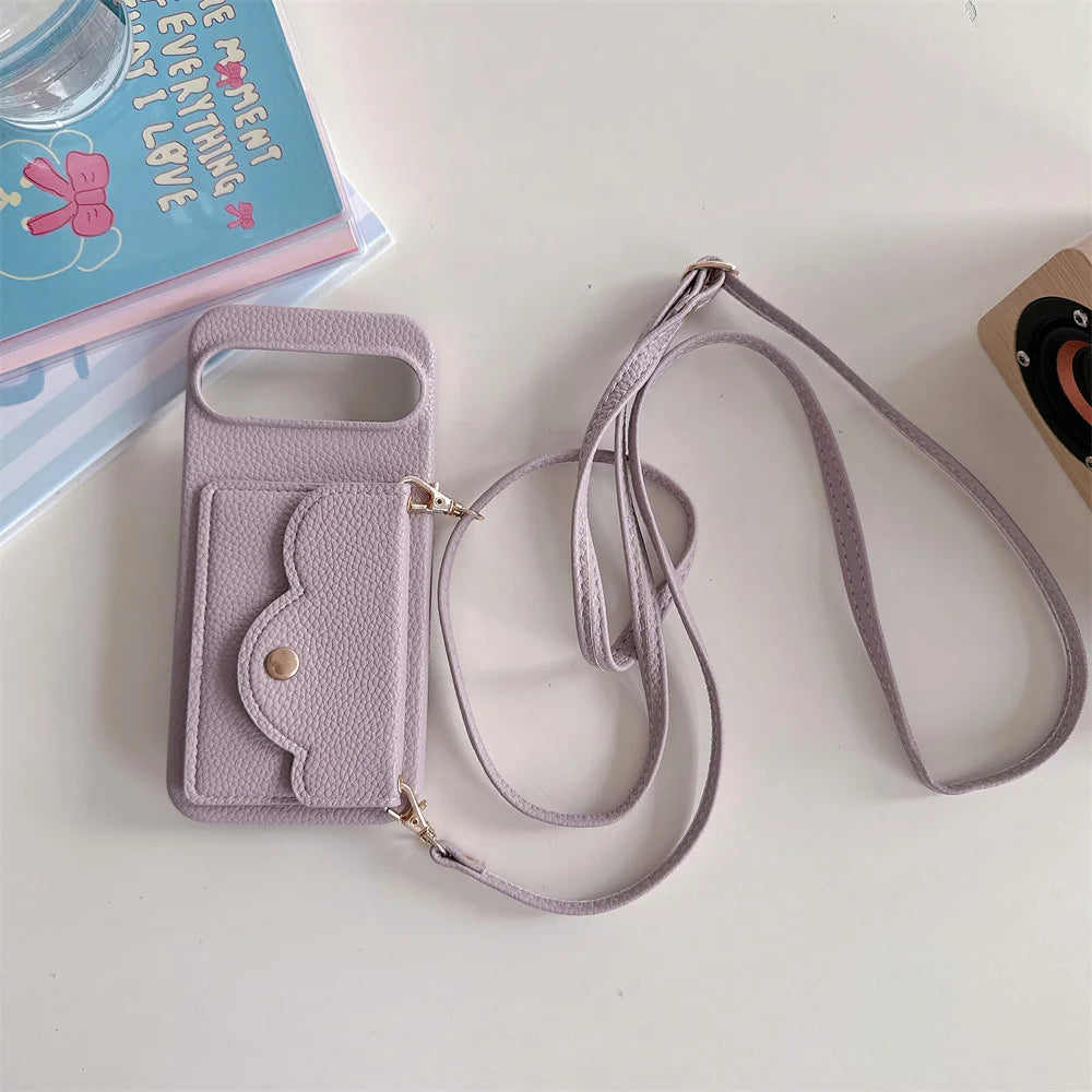 Leather Litchi Wallet Cards Slot Bag Case For Google Pixel 9 8 7 6 9 Pro XL 8A 7A 6A 9XL Shoulder Strap Lanyard Skin Feel Cover