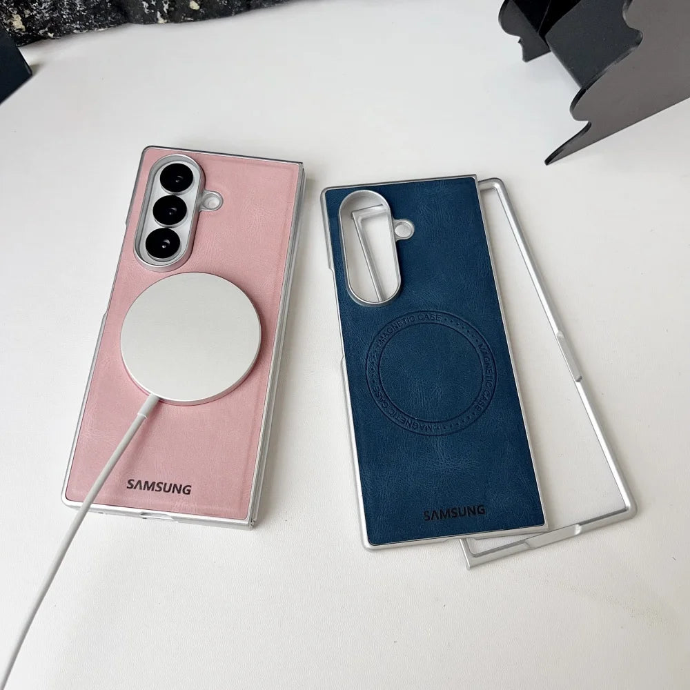 Retro Leather Cover Samsung Galaxy Z Fold 7 6 5 4 Magsafe Wireless Charging Cover For Galaxy Fold6 Fold7 Hard Shockroof Case