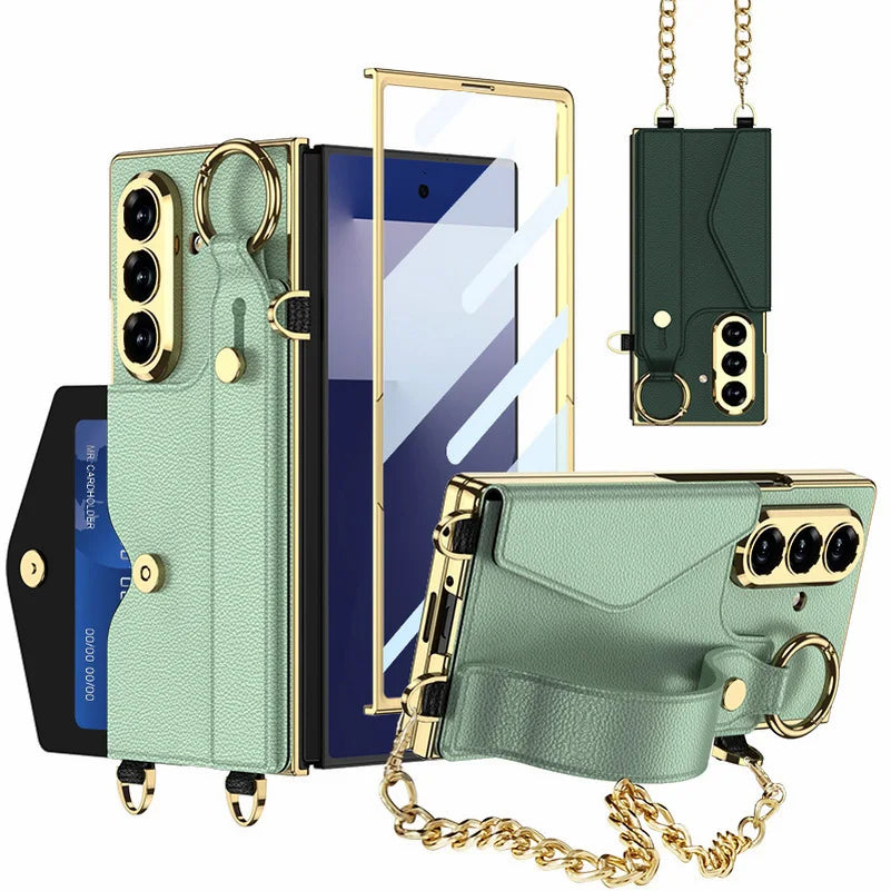 Gold Wristband Bracelet Electroplated Plain Leather Card Slot Glass Protect Case for Samsung Galaxy Z Fold7 Fold 7 6 Cover