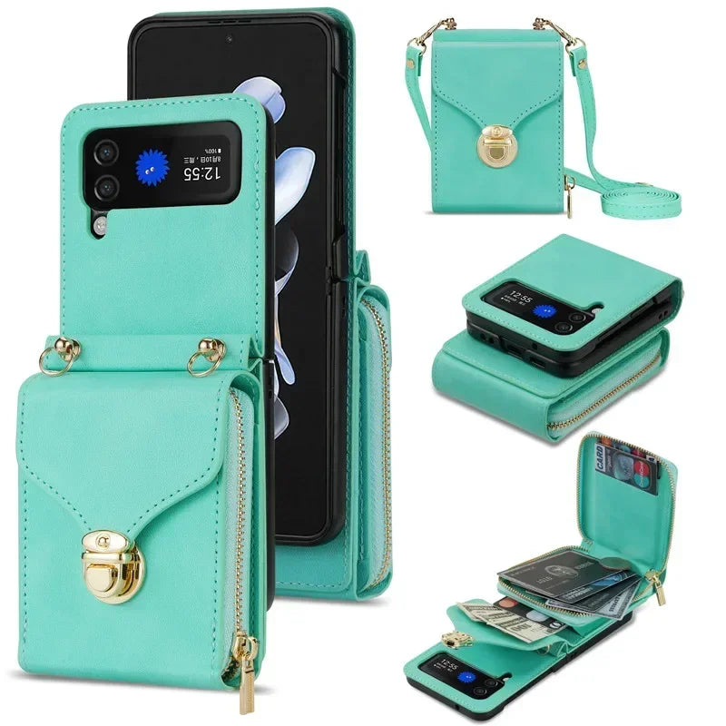 Lanyard Leather Zipper Wallet Card Slot Phone Case for Samsung Galaxy Z Flip 6 5 4 3 Lanyard Purse Bag Flip Stand Cover Back Bag