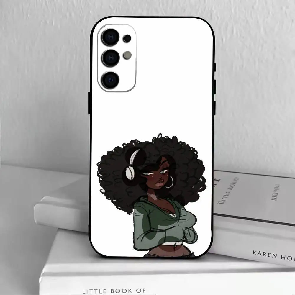 cartoon Black Girl A-Afro  Phone Case Black Silicone Soft For Samsung S25,S24,S21,S22,S23,S30,Ultra,S20,Plus,Fe,Lite