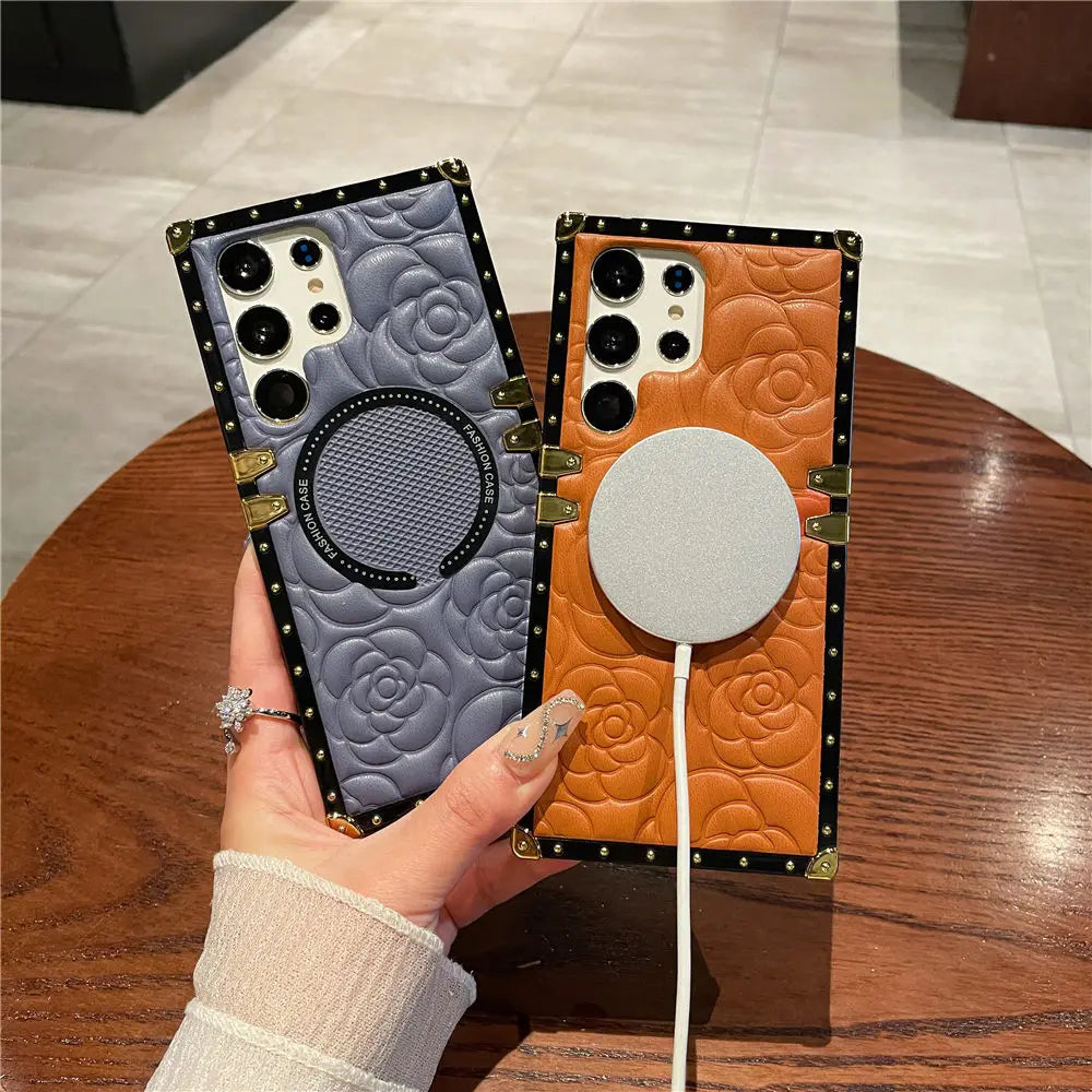For Magsafe Wireless Charging 3D Flower Leather Case For Samsung Galaxy S26 S25 S24 Ultra S23 Plus S23FE S22 TPU Cover Shell
