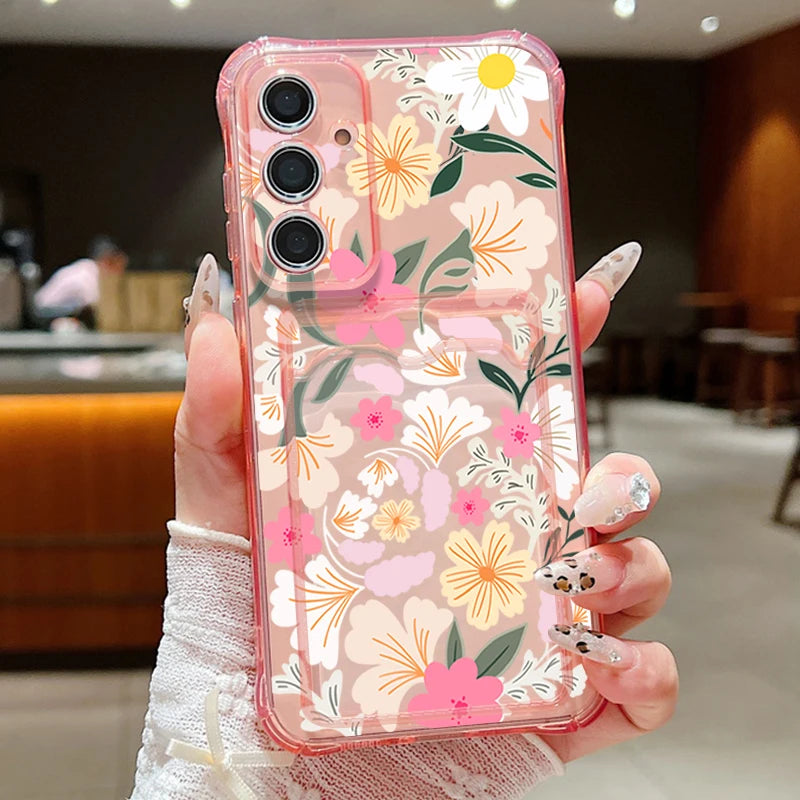 Flower Card Bag Wallet Clear Case For Samsung Galaxy S25 S24 S22 Ultra S23 S21 FE A55 A54 A35 A25 A15 A16 5G A06 TPU Phone Cover
