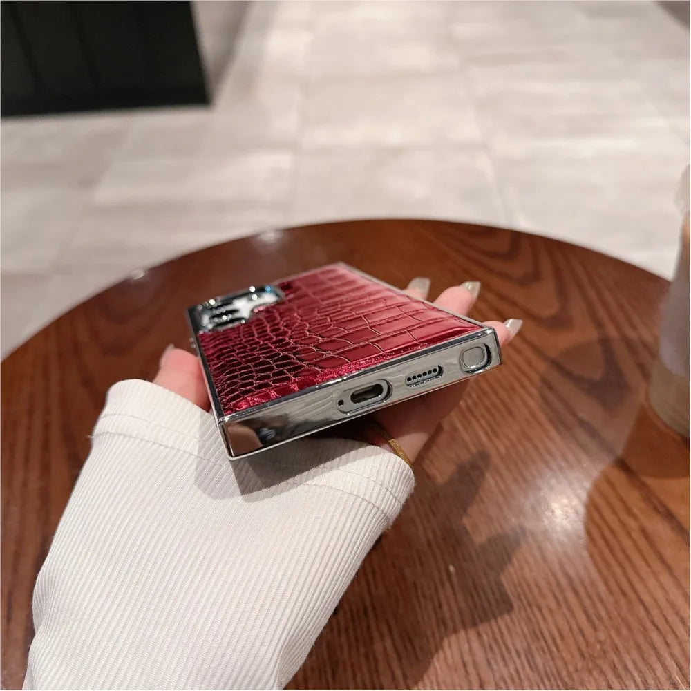 Luxury Gradient Crocodile Pattern Leather Laser Case For Samsung Galaxy S25 S24 S23 Ultra Plus Aurora Color Plating Hard Cover