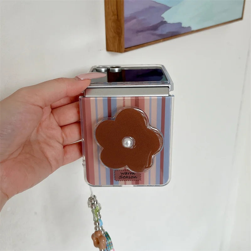 Fashion Brown Stripe Phone Case For Samsung Z Flip 7 6 5 4 Cover with Flower Stand Holder Chain Cute Cases For Galaxy Flip7 Capa