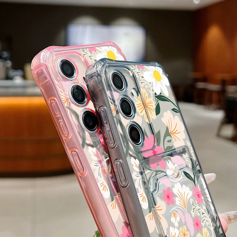Flower Card Bag Wallet Clear Case For Samsung Galaxy S25 S24 S22 Ultra S23 S21 FE A55 A54 A35 A25 A15 A16 5G A06 TPU Phone Cover