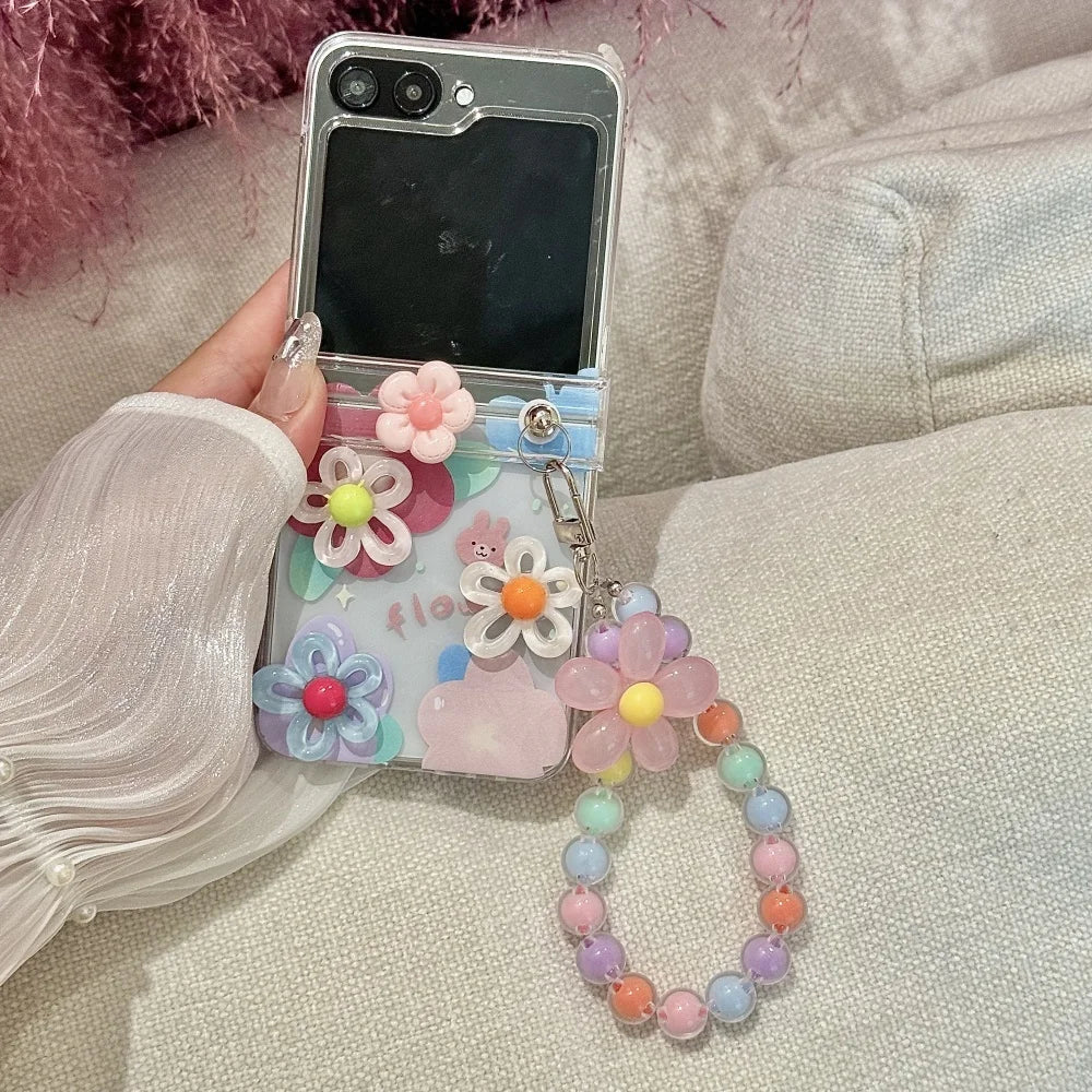 Cute 3D Flower Beads Wrist Chain Case for Samsung Galaxy Z Flip 7 6 5 zflip 3 4 Flip7 Bracelet Hard Acrylic Ins Korean Cover