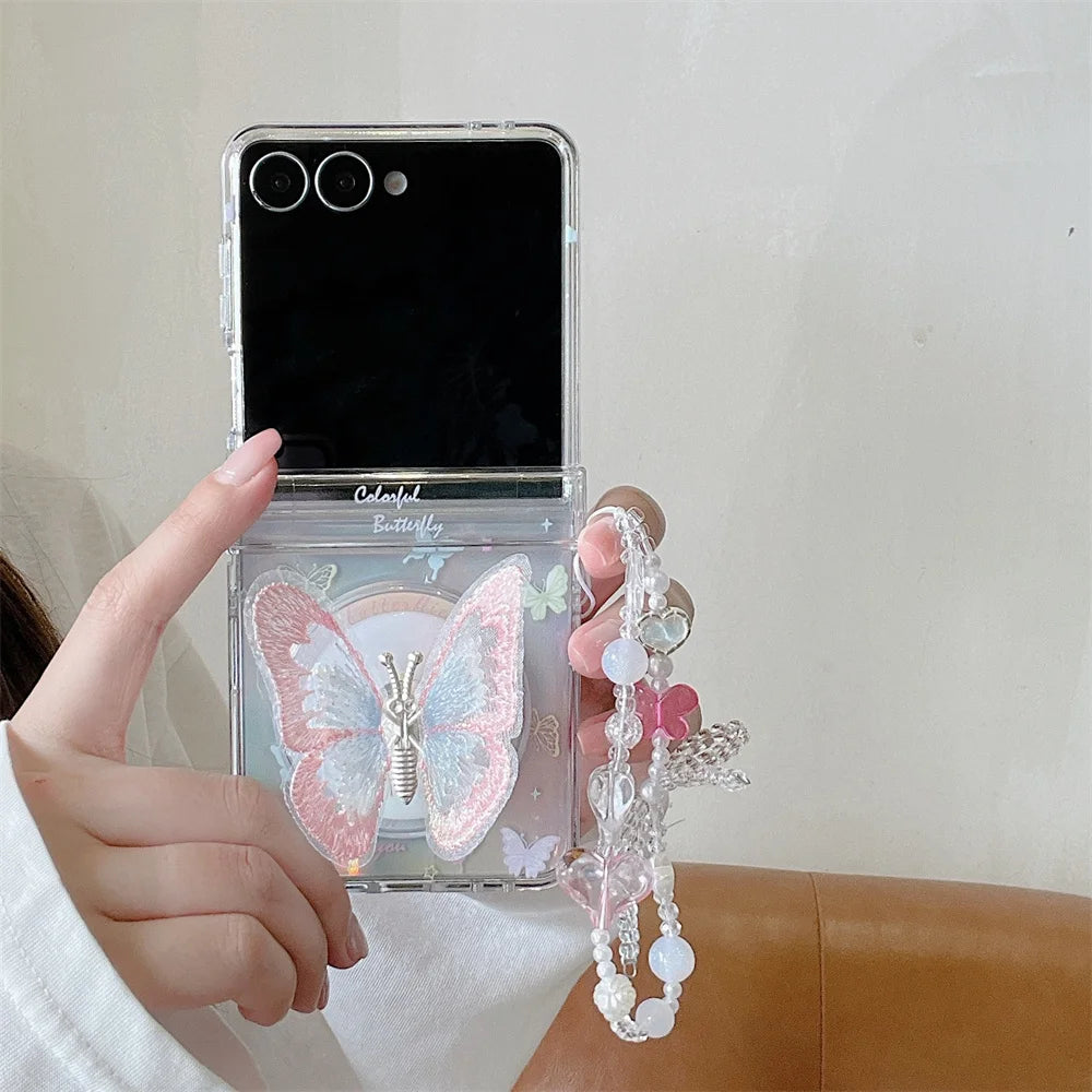 Korean Ins Cute Butterfly Magnetic Phone Case for Samsung Galaxy Z Flip6 7 FE Flip7 6 5 Flip5 4 3 Cover With Magsafe Stand Chain