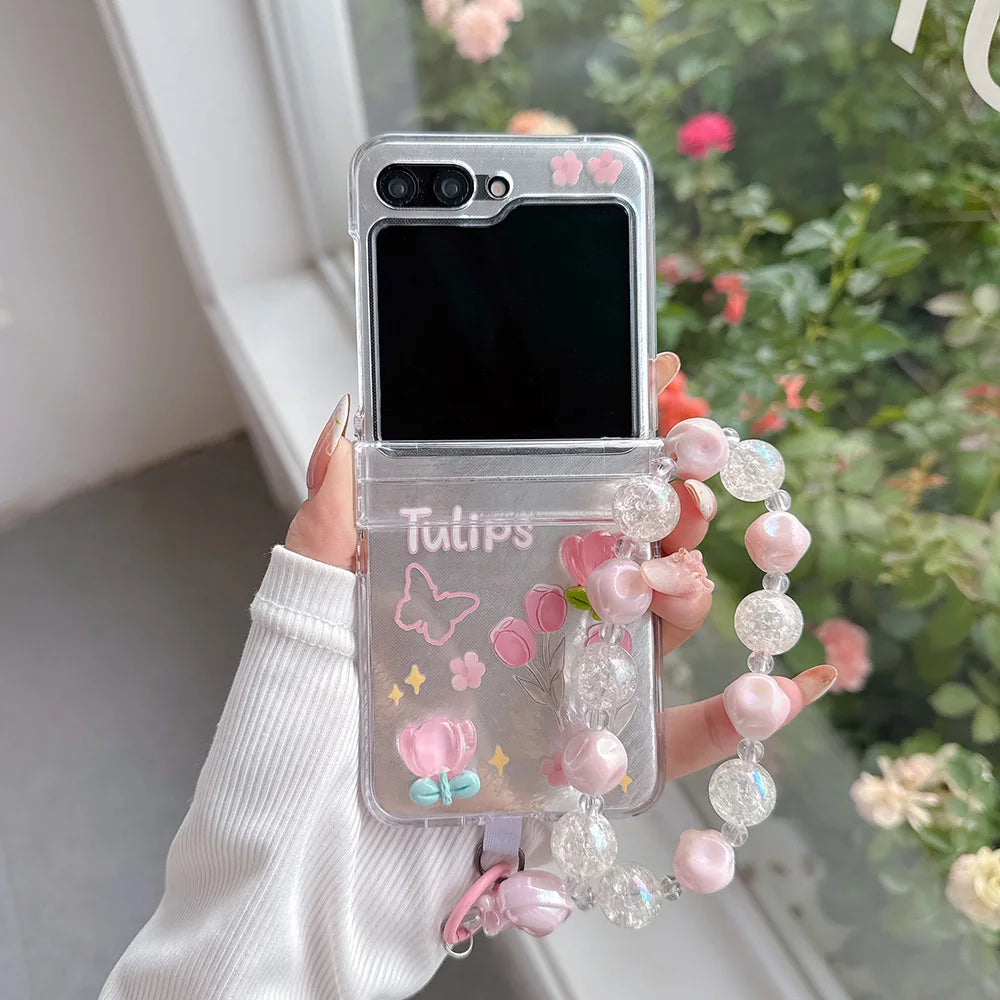 Korean Cute Bowkont Flower Ornament Hinge Phone Case For Samsung Galaxy Z Flip 7 6 5 Flip6 Flip5 Flip7 Cases Cover with Chain