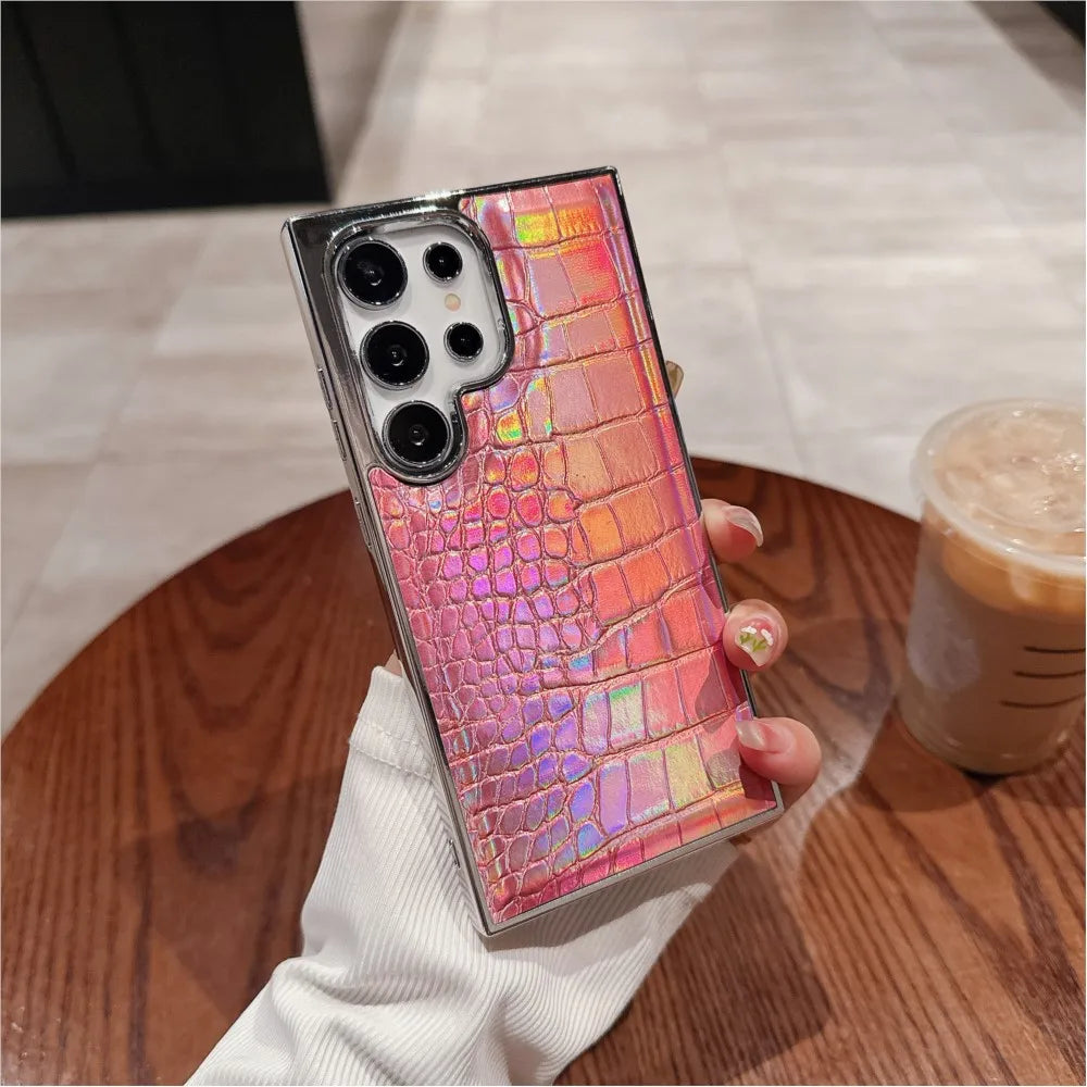 Luxury Gradient Crocodile Pattern Leather Laser Case For Samsung Galaxy S25 S24 S23 Ultra Plus Aurora Color Plating Hard Cover