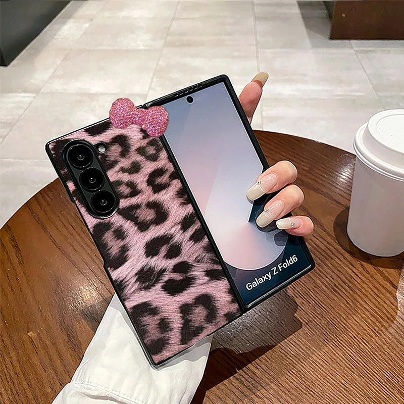Fashion Leopard Print PC Hard Phone Case for Samsung Galaxy Z Fold 3/4/5/6/7 5G 3D Diamond Bowknot, Ultra Thin Luxury,Shockproof