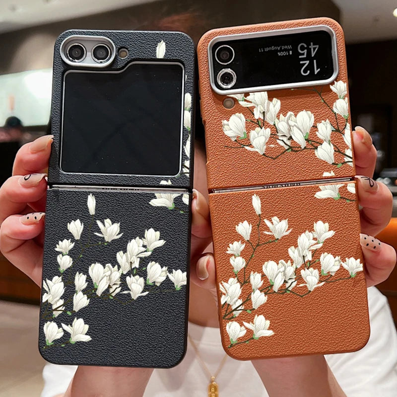 For Samsung Galaxy Z Flip 5 6 4 3 5G Luxury Leather Phone Case Flowers Pattern Soft TPU Folding Cover For Samsung Z Flip4 Flip5