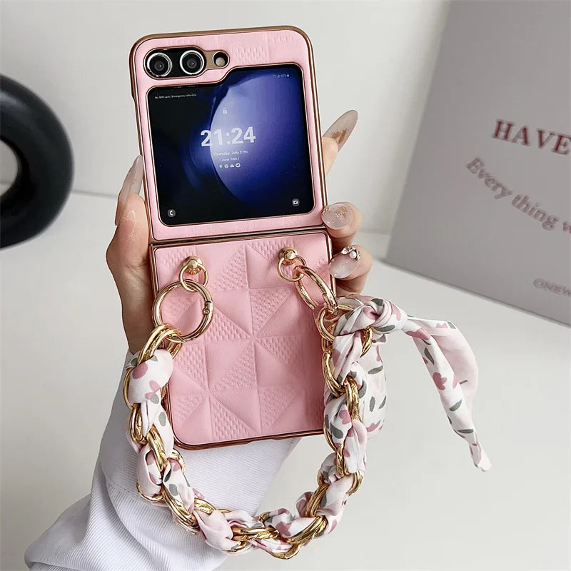 Hand Lanyard Lattice Pattern Phone Cover For Samsung Z Flip5 ZFlip 3 4 Wrist Chain Rope Electroplated Case For Galaxy Flip 6 5