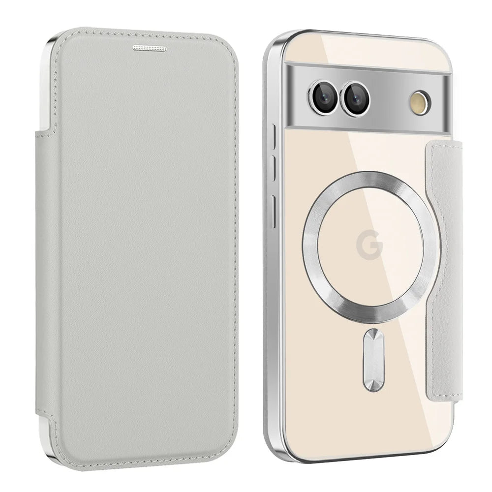 Luxury Leather Wallet Card Clip Magnetic Clear Phone Case for Google Pixel 9 Pro XL 8A 7A Plating Wireless Charging Flip Cover