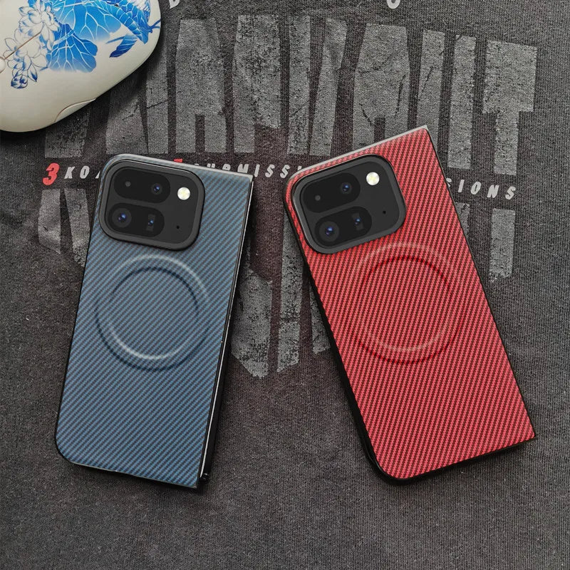 Magnetic Case for Google Pixel 10 9 Pro Fold Leather Carbon Fiber Texture Cover for Mag-safe Wireless Chagre Shell Phone Fundas