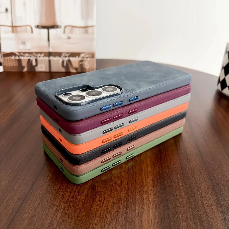 Fashion Lambskin Leather Texture Matte armor Case For Samsung S26 Ultra S25 S24 S23  Plus Lens Shockproof Phone Protect Cover