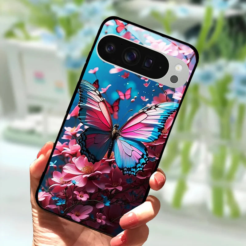 Fashion Glass Case For Google Pixel 9 Pro XL Tempered Glass  Black Phone Cover For Google Pixel 9a Pixel9 Funda Protector Cases