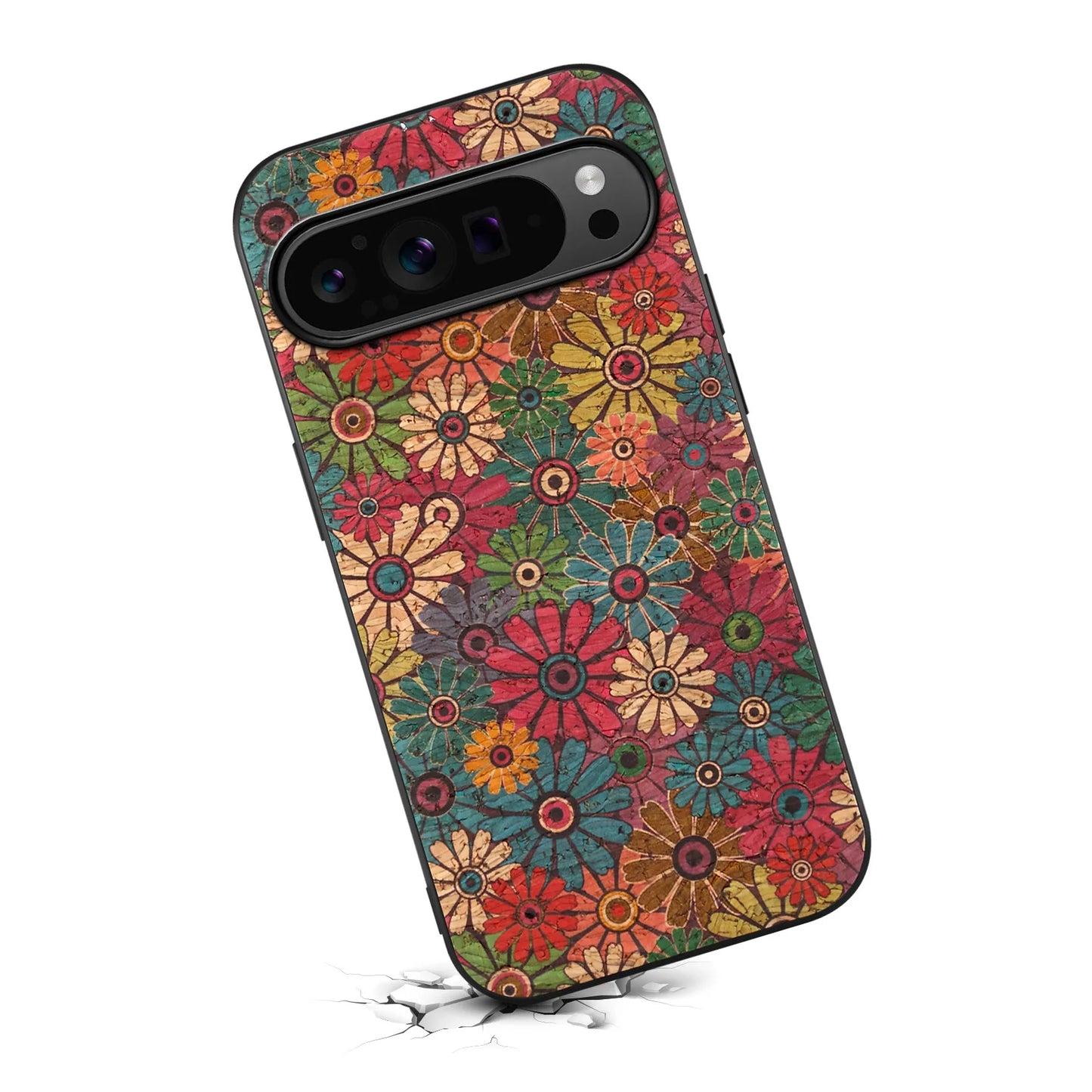 Luxury Phone Case for Google Pixel 10 Pro Xl 9 Pro 9A 8 8A 7 7A 6 6A Flower Design Cork Fabric Synthetic PU Leather Soft Cover