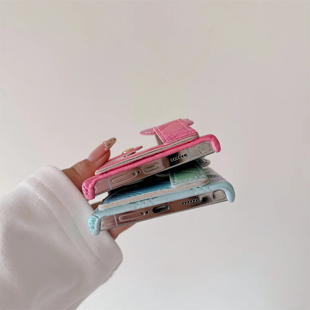 Glitter Dazzling Leather Slot Card Bag Holder Case For Samsung S24 S23 S22 S25 Ultra Luxury Lattice Love Heart Wrist Strap Cover