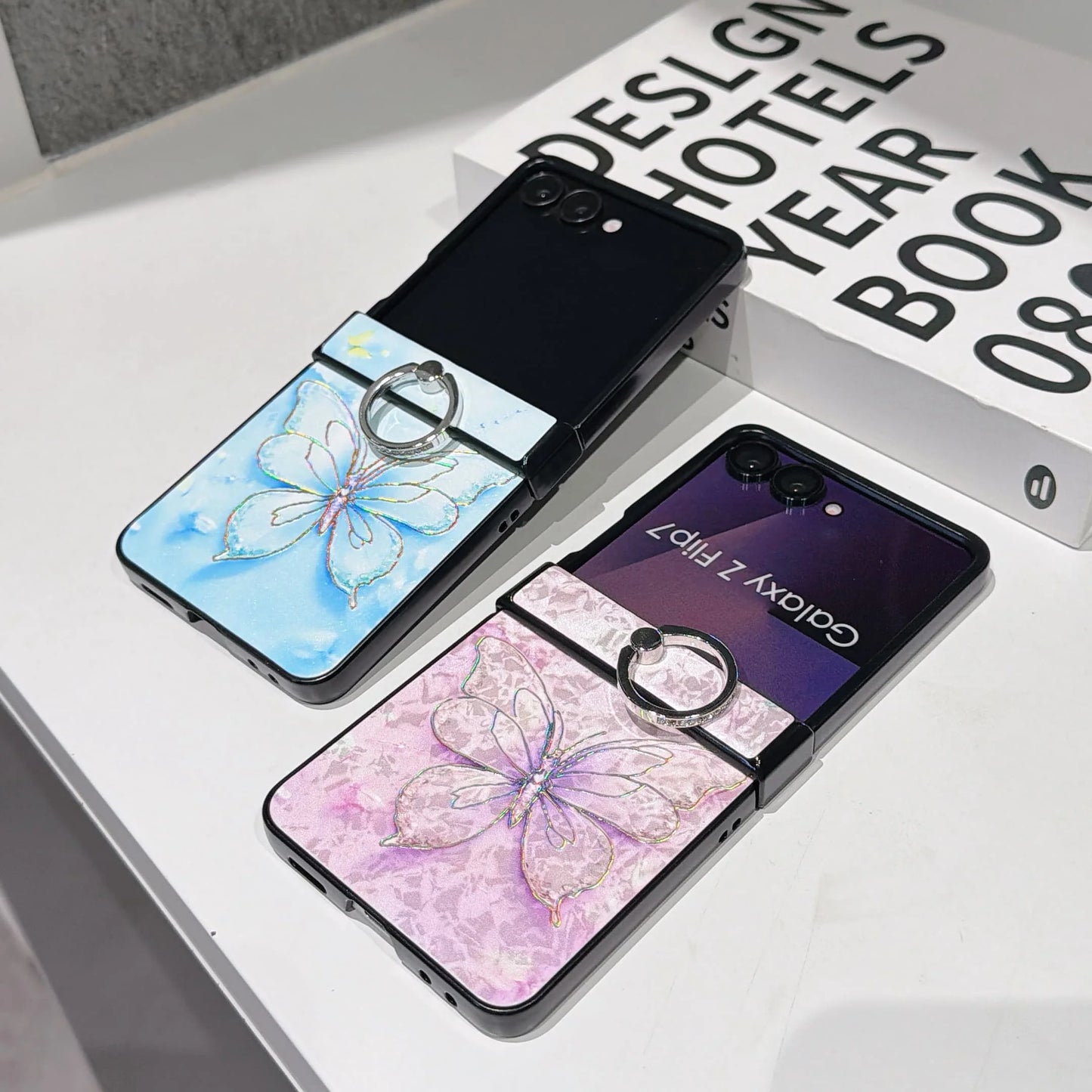 Hot Stamping Butterfly PU Leather Phone Case for Samsung Galaxy Z Flip 7 FE 6 5 4 3 Flip7 Ring Hinge Protective Cover