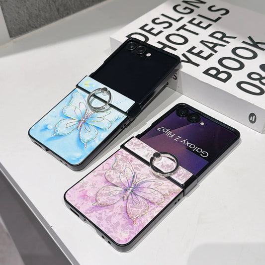 Hot Stamping Butterfly PU Leather Phone Case for Samsung Galaxy Z Flip 7 FE 6 5 4 3 Flip7 Ring Hinge Protective Cover