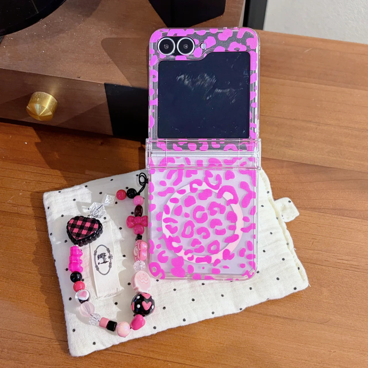 Transparent Leopard Pattern Stand Holder With Bracelet Phone Case For Samsung Z Flip 5 6 7 8 FE Shockproof Protective Cover
