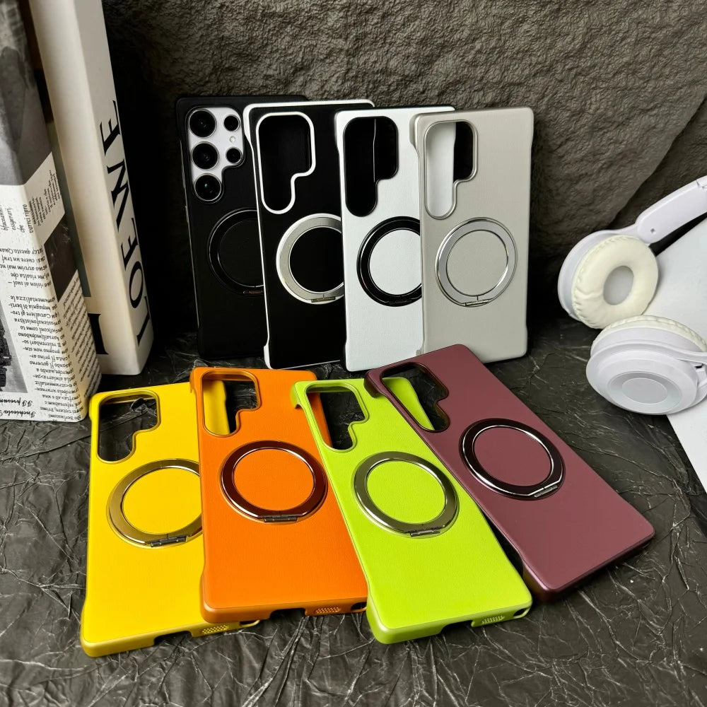 Frameless Matte Leather Magnetic Satnd Holder Case For Samsung Galaxy S26 S25 S24 S23 Ultra Slim Breathable For Magsafe Cover