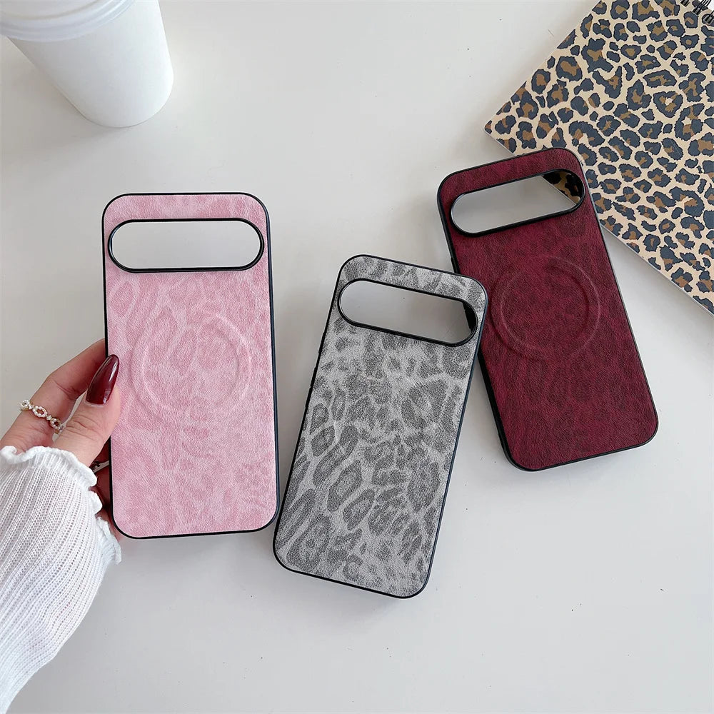 Leopard Leather for Magsafe Case For Google Pixel 9 8 7 6 Pro 9 10 Pro XL 5A 8A 7A 6A 9A pixel9 9proXL Wireless Charging Cover
