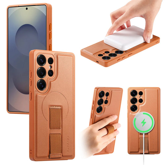 For Magsafe Magnetic Wrist Strap Phone Case for Samsung Galaxy S25 Edge S25 Ultra S24+ Plus Leather ShockProof Protective Cover