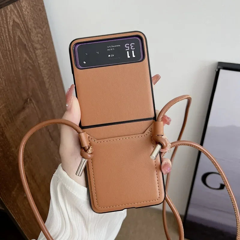 Luxury Simple Business Crossbody Lanyard Card Holder Phone Case For Motorola Razr 50 40 Moto Razr40 Razr50 2024 Leather Cover