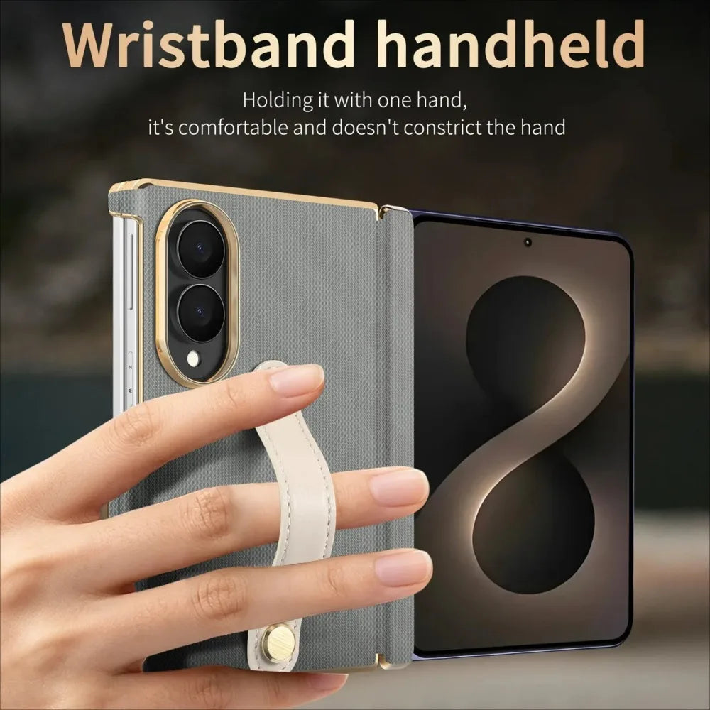 Business Plaid Leather Texture Case for Samsung Galaxy Z Fold 8 Ultra Fold7 6 Dual-Axis Hinge Protection Wrist Strap Fit Cover