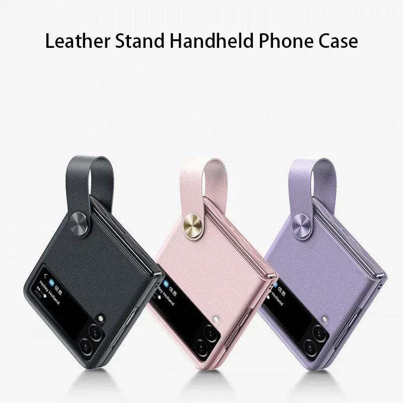 Matte Hand Strap Leather Holder Case for Samsung Galaxy Z Flip 3 4 5 6 5G Flip6 ZFlip4 Protection Luxury Foldable Fashion Cover