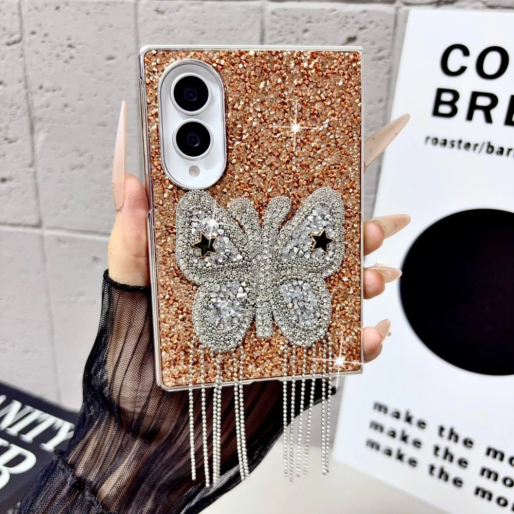 Electroplating Large Diamond Butterfly Tassel Phone Case for Samsung Z Fold 8 Ultra Z Fold 7 6 5 4 Z Flip 8 7 6 5 4 Wide Cover