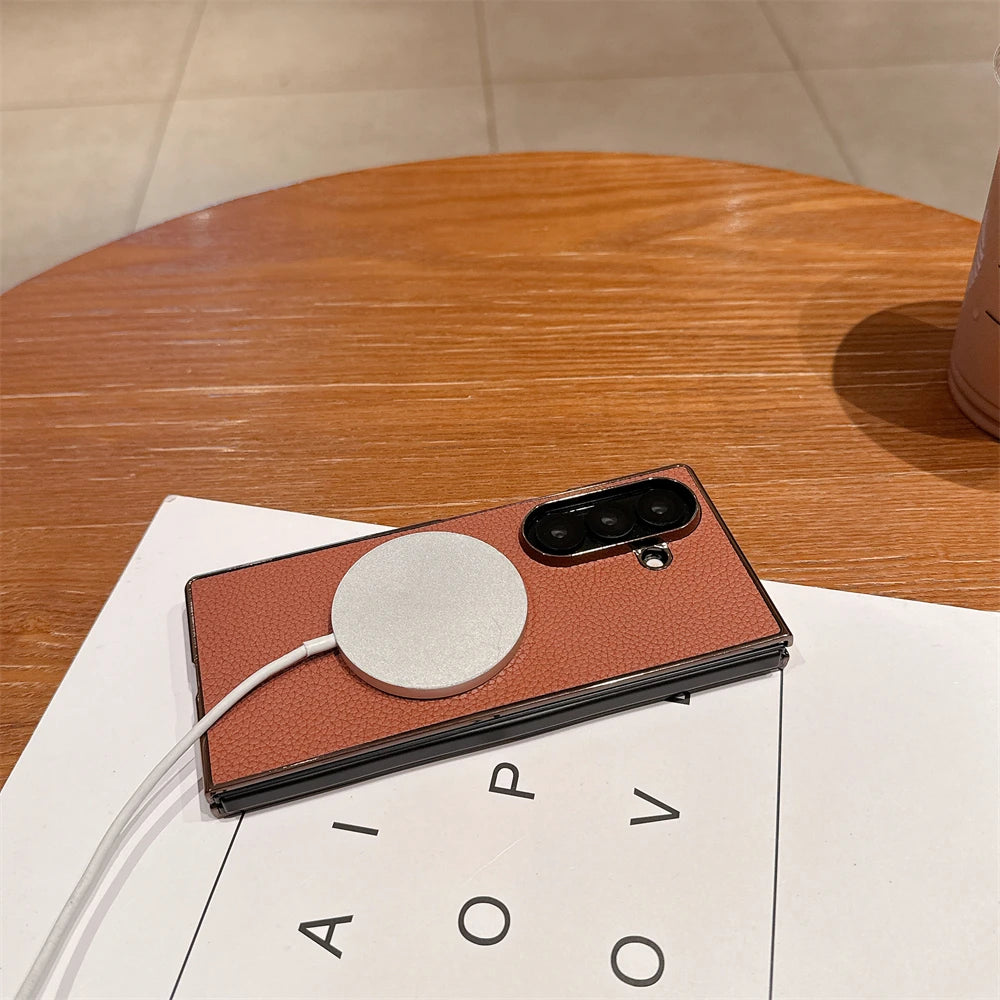 Lichee Pattern Leather Magnetic Case For Samsung Galaxy Z Fold 7 6 5 4 3 5G For Magsafe Phone Protection Hard Cover Shockproof