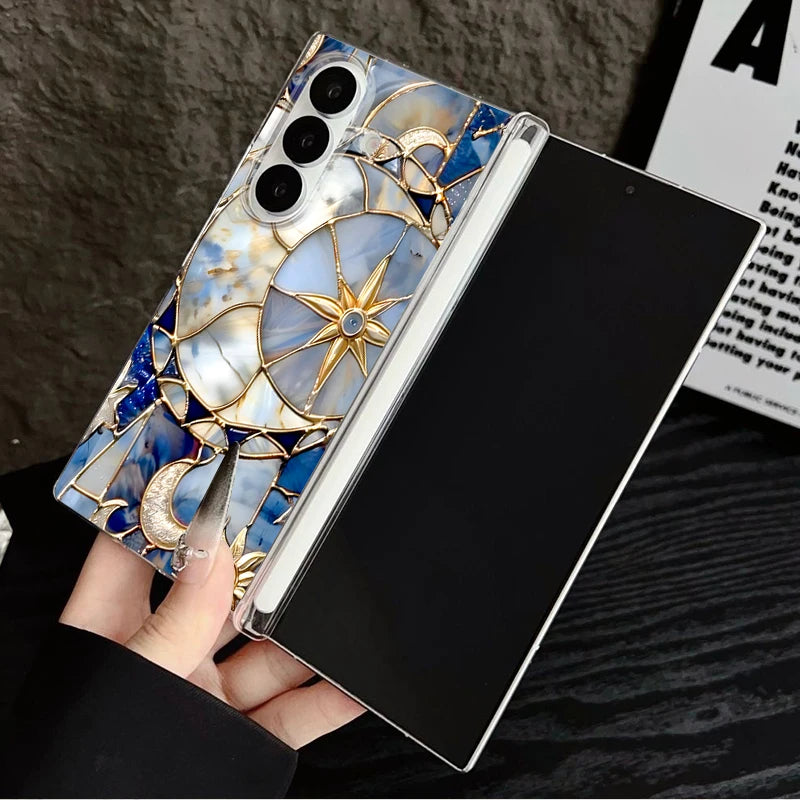 Clear Magnetic Auto Adsorption Phone Case For Samsung Galaxy Z Fold 7 6 Fold7 Fold6 Fold5 5G Vintage Moon Print Hard PC Cover
