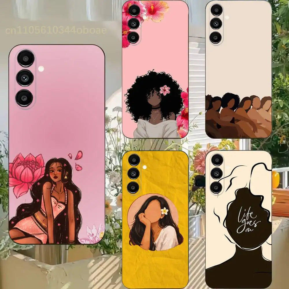 Afro Black Girls Cartoon Phone Case For Samsung S25,24,21,22,23,20,S30,Ultra,Plus,Fe,Lite,Note,5G Black Cover