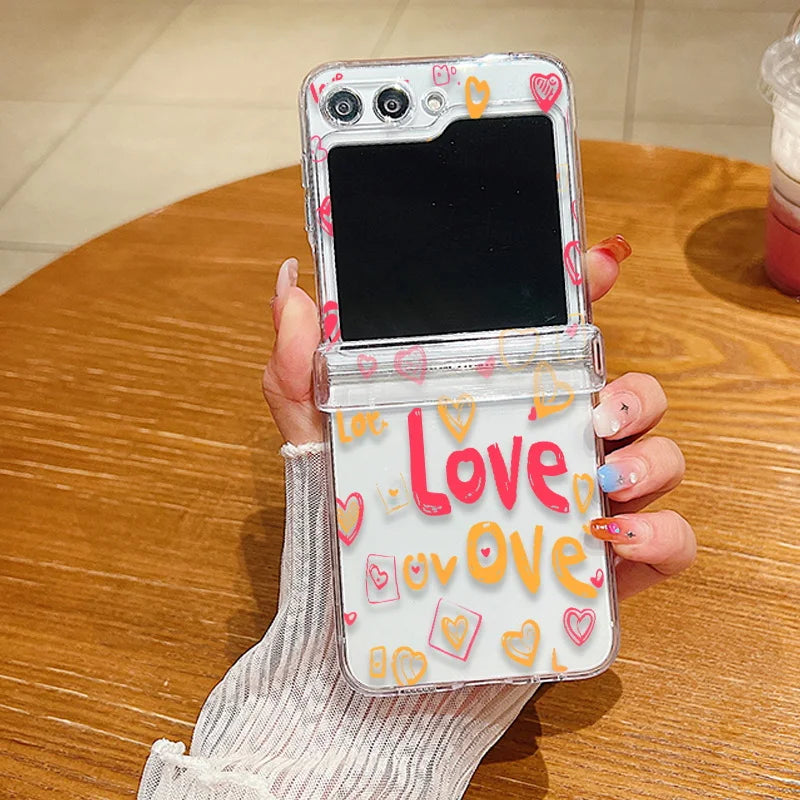 For Samsung Galaxy Z Flip7 FE Flip6 Case Love Pattern Shockproof Clear Folding Phone Case For Samsung Galaxy Z Flip 7 6 5 4 3 5G