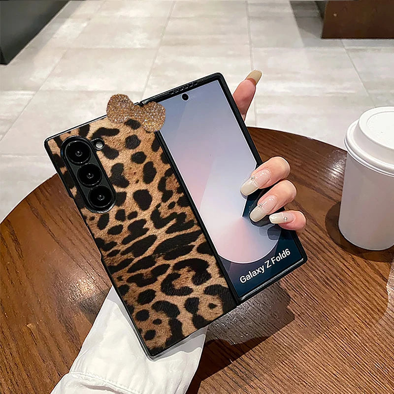 Fashion Leopard Print PC Hard Phone Case for Samsung Galaxy Z Fold 3/4/5/6/7 5G 3D Diamond Bowknot, Ultra Thin Luxury,Shockproof