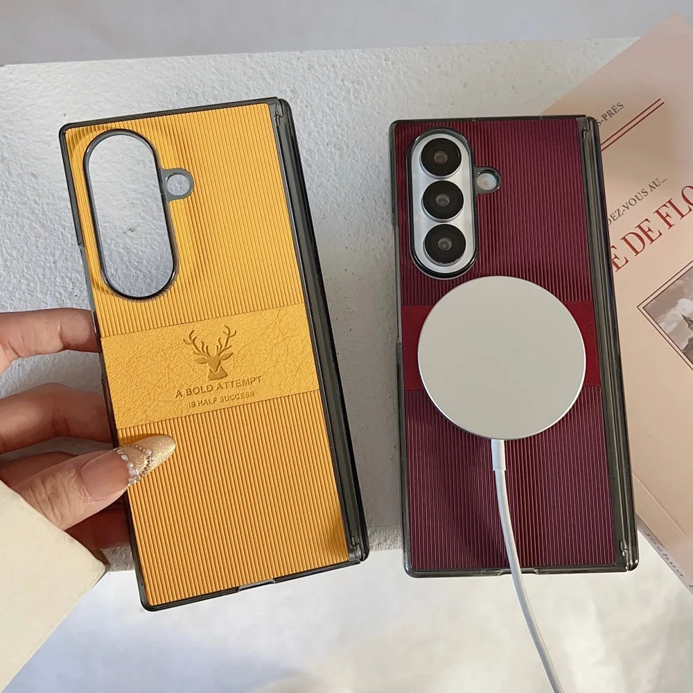 For Samsung Galaxy Z Fold 7 6 5 4 Case Magnetic Leather Deer Pattern Hinge Thin Shockproof PC Wireless Charge Cover For ZFold7