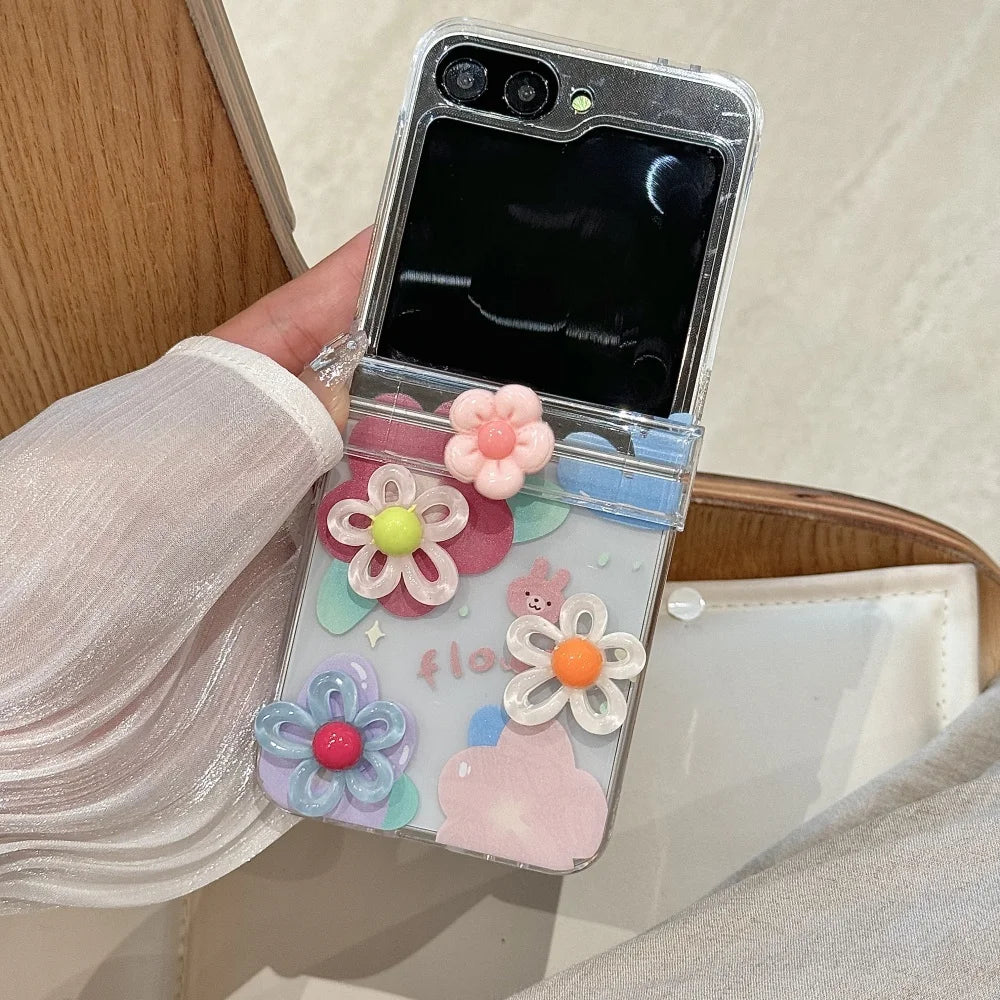 Cute 3D Flower Beads Wrist Chain Case for Samsung Galaxy Z Flip 7 6 5 zflip 3 4 Flip7 Bracelet Hard Acrylic Ins Korean Cover