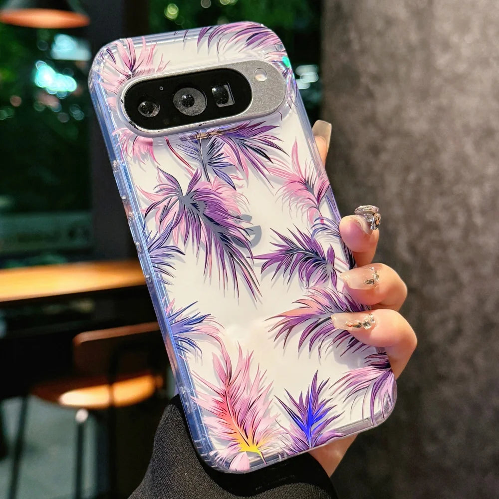 Laser Flower Reflective Phone Case For Google Pixel 10 10Pro XL 9 Pro XL 9A Transparent Floral Print TPU Shockproof Airbag Cover