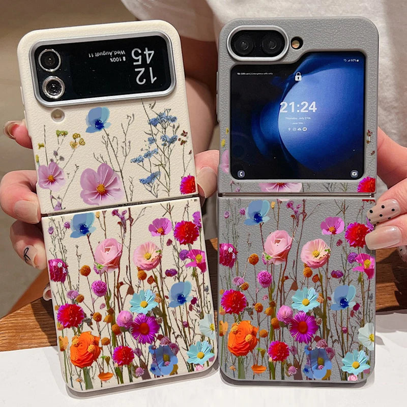 For Samsung Galaxy Z Flip 7 6 5 4 3 5G Luxury Leather Phone Case Retro Flowers Soft TPU Folding Cover For Samsung Z Flip5 Flip3