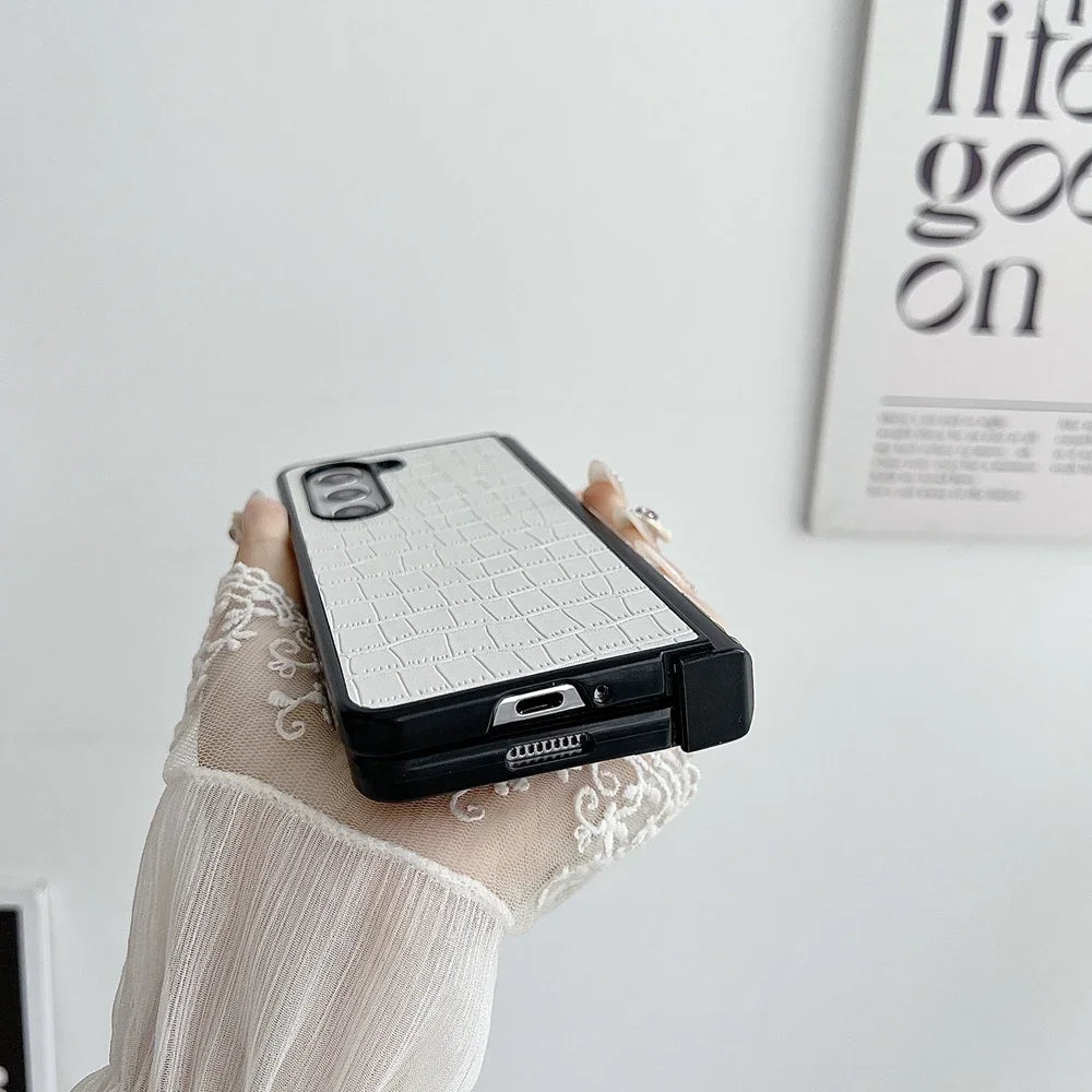 Luxury Business Crocodile Pattern Case For Samsung Galaxy Z Fold 3 4 5 6 Hinge Protector Shockproof Cover For Galaxy Fold5 Fold6